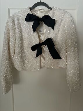 NWT H&M Ivory Sequin Bow-Front Cropped Jacket